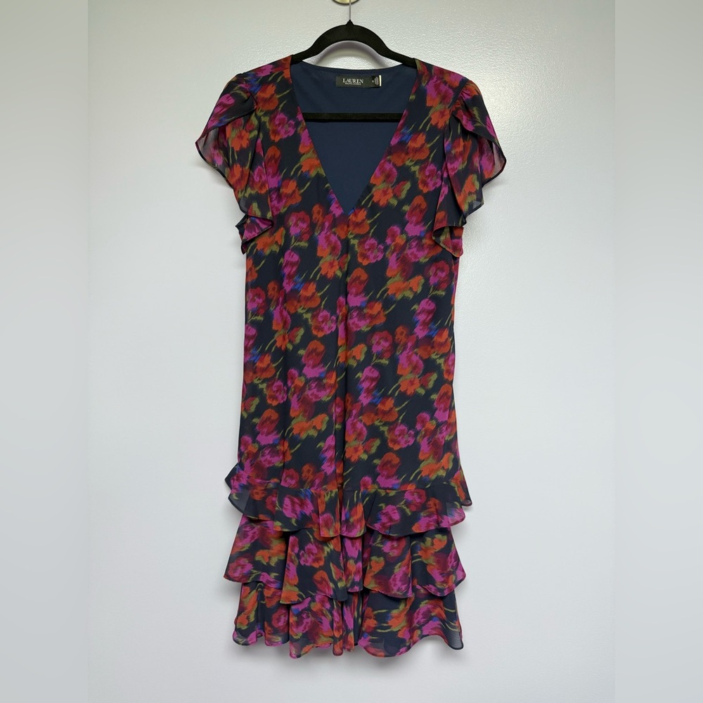 Ralph Lauren Multicolor Floral drop waist Midi Dress with ruffles size 12 - Picture 2 of 14